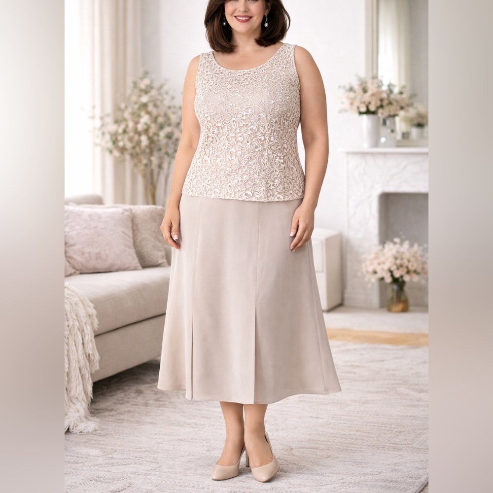 R&M Richards Top &Skirt 2 Piece  Set Beige Size 18 Elegant Formal